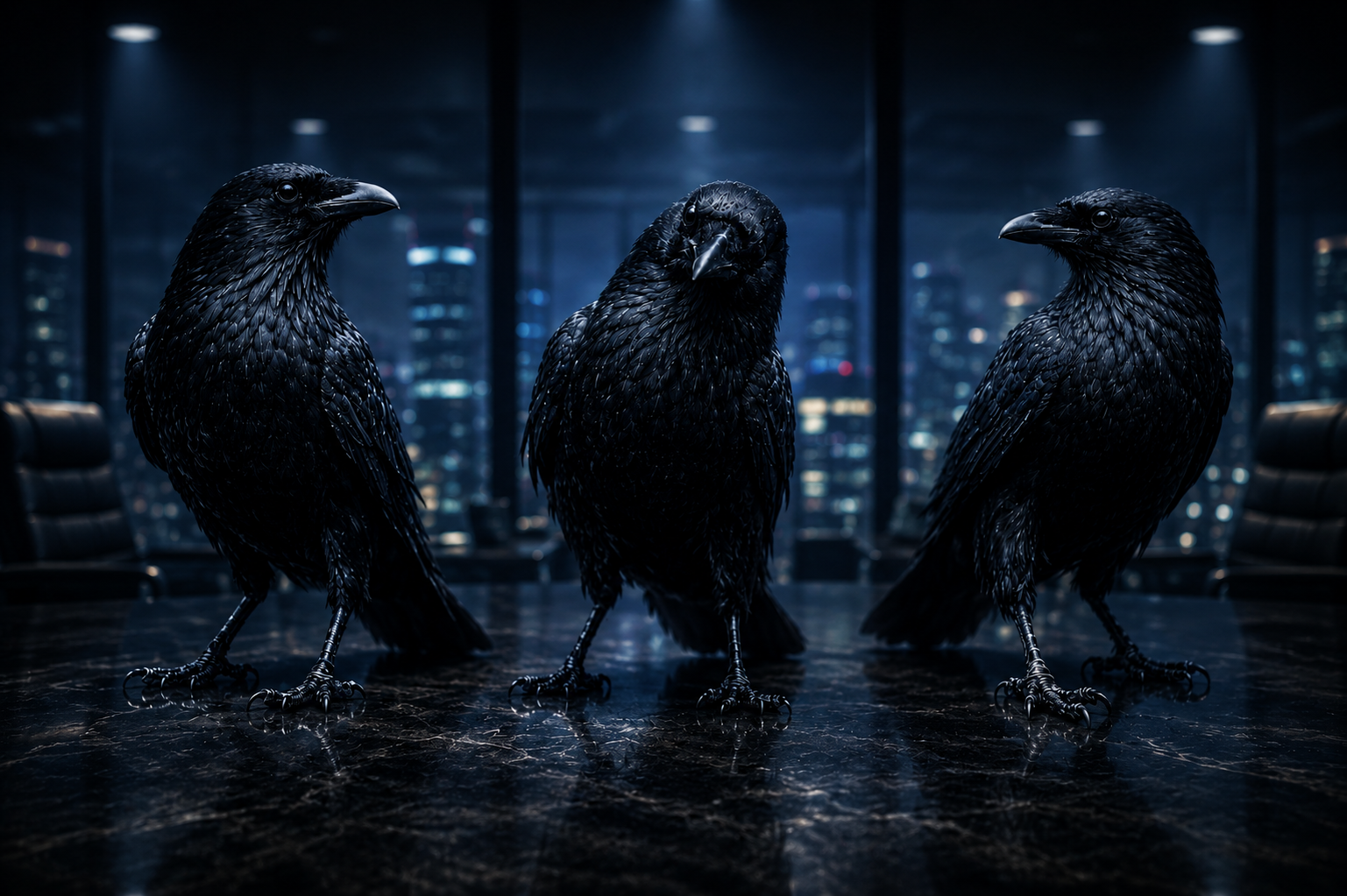 Trois corbeaux noirs dans une salle de conseil nocturne